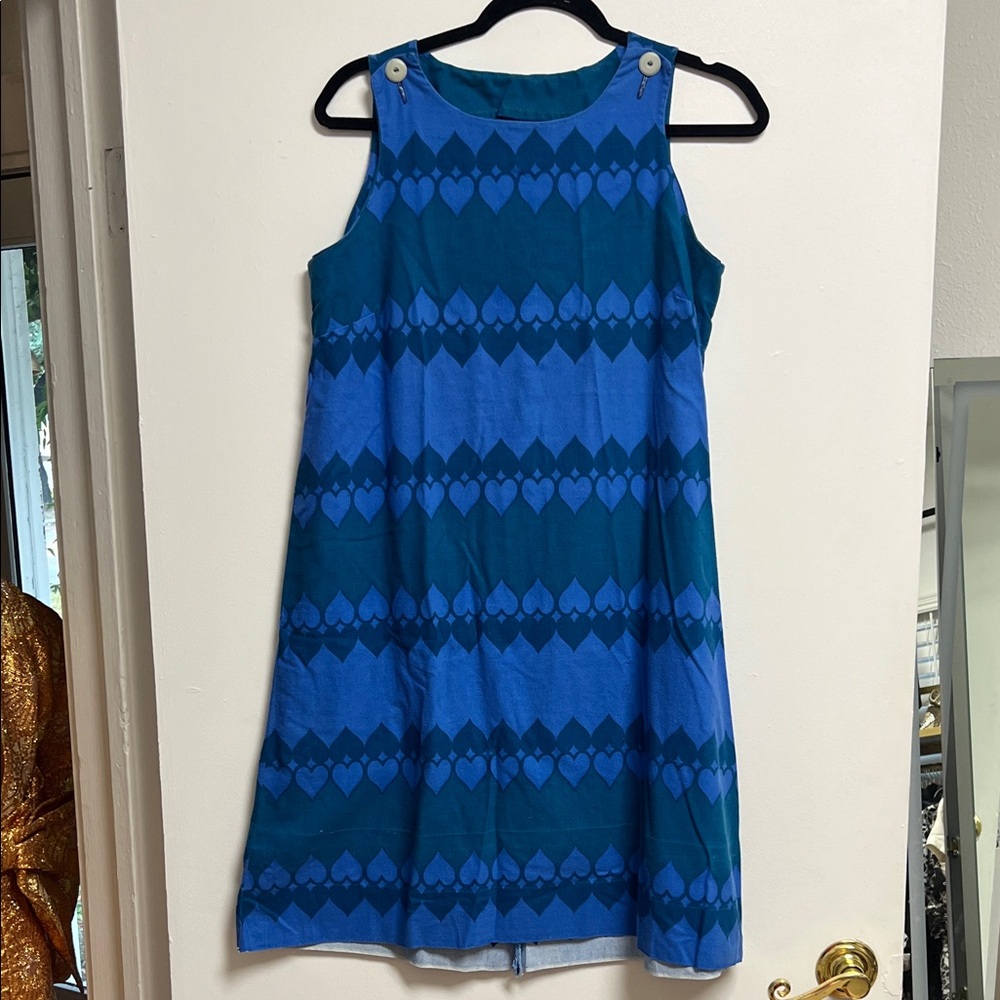 60s 70s Vintage Blue Heart Print Handmade Cotton Sleeveless Mini Dress M/L